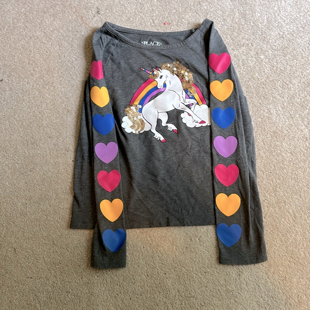 Place girls size small long sleeve gray unicorn heart T-shirt